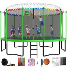 kids playing in a trampoline with basketball hoop and accessories