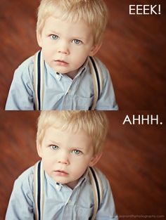 two pictures of a little boy with different expressions