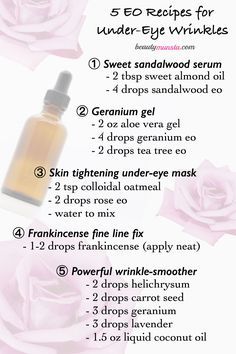 How to use essential oils for under eye wrinkles: Have you ever noticed that the skin under and around your eyes is thinner than the skin of your cheeks/ other facial areas? This thin and sensitive skin is Oils For Face, Liquid Coconut Oil, Haut Routine, Eye Wrinkles, Natural Hair Mask, Under Eye Mask, Under Eye Wrinkles