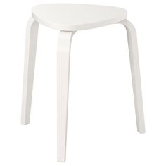 a white plastic stool with curved legs on an isolated surface, viewed from the front