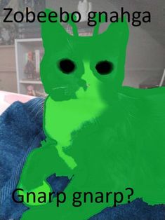 a green cat sitting on top of a persons lap with the caption zobeebo gnahaga