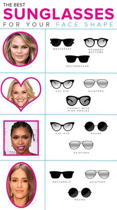 This guide will help you find the best sunglasses for your face shape. These sunglass styles will fit your face shape. There are tips to help make the shopping process easy.: Womens Sunglasses Face Shape, Updo Easy, Hairstyles Anime, Sunglasses For Your Face Shape, Ashley Green, Face Shapes Guide