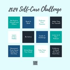 the 2014 self - care challenge is shown in blue, green and white squares with text that