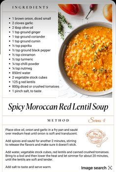 a recipe for spicy moroccan red lentil soup with ingredients on the side and instructions to make it