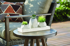 two plants are sitting in cement vases on a small table near an outdoor chair