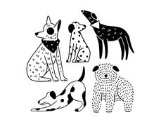 four dogs are shown in black and white