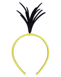 a yellow headband with black feathers is shown on a white background and has no hair