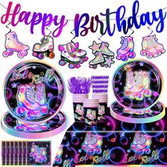 a birthday card with roller skates and decorations