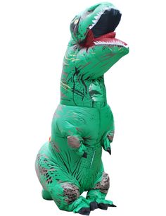 an inflatable dinosaur costume sitting on the ground with its mouth open and tongue out