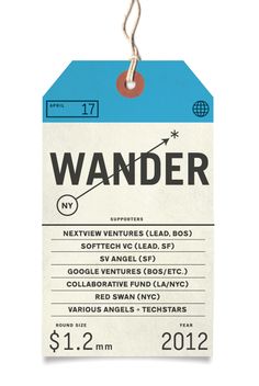 a white and blue tag with the word wander on it's side, hanging from a string