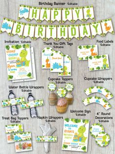 the birthday party package includes cupcakes, napkins and other items to make it look like a dinosaur