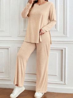 Round-Neck Long Sleeves Loose Solid Color Split-Side Shirt Tops&Wide Legs Pants Bottom Two Pieces Set Wide Legs Pants, Plus Size Pants, Wide Legs, Split Hem, Dressed Down, Two Pieces, Wide Leg Pants