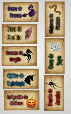 some different types of halloween stickers on a white background with the words in spanish and english