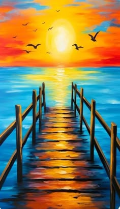 a painting of a pier with birds flying over the water and sunset in the background