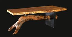 a wooden bench made out of wood with metal brackets on the back and sides, against a black background