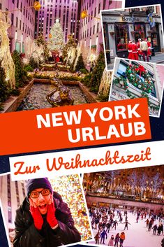 the new york urlaub with pictures of people skating and christmas trees in the background