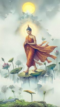 a painting of a buddha standing on top of water lilies with the sun in the background