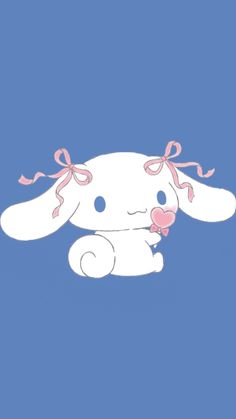 a cartoon bunny holding a pink heart in its mouth and wearing a bow on it's head