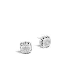 These square studs earrings are from John Hardy's Classic Chain collection. Sterling silver is handcrafted into the classic chain motif and gently cradles an ensemble of sparkling pave diamonds. The sterling silver accentuates the diamonds for maximum gleam! These gorgeous little studs will magnify that cute little black number in the back of your closet or the pair of jeans hanging on the back of the chair! Luxury Silver Diamond Earrings With Pave Setting, Luxury Sterling Silver Diamond Earrings With Pave Setting, Timeless Silver Diamond Earrings With Pave Setting, Timeless Silver Earrings With Pave Setting, Square Diamond Earrings, Square Earrings Studs, Square Stud, Studs Earrings, John Hardy