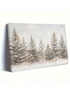 a painting of snow covered pine trees on a white background with the sky in the background