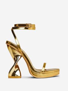 Metallic Sculptural Heels – zierashop Gold Heels With Wrapped Heel And Round Toe, Formal Ankle-high Sandals With Reinforced Heel, Gold Ankle-high Heels For Formal Occasions, Party Ankle-high Heels, Ankle-high Party Heels With Heel Loop, Ankle-high Heels With Sculpted Heel For Party, Ankle-high Heels With Heel Loop For Party, Gold Ankle-high Heels With 4-inch Heel, Gold Chunky Heels