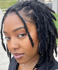 Follow for more Ear Length Locs Black Women, Spiral Loc Ties, Locs With Wooden Beads, Twist Locs, Marley Locs, Medium Locs, Matured Locs, Curly Locs, Dreadlocks Hairstyles