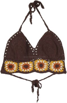 This handmade bohemian bra top is crafted from soft cotton crochet and comes in two sizes. The top features a brown base with intricate crochet patterns in shades of yellow and beige, creating a visually appealing design. #tlb #Sleeveless #CrochetClothing #vacationclothing #beachwrap #bohemianfashion #Handmade #BohemianBralette #Crochettop #Cottontop Bohemian Brown Crop Top, Fitted Bohemian Brown Crop Top, Fitted Brown Halter Top For Festivals, Bohemian Brown Cotton Crop Top, Brown Triangle Halter Top For Vacation, Yellow Bohemian Crochet Top For Festival, Bohemian Cotton Crochet Lace Halter Top, Yellow Crochet Lace Top For Festival, Bohemian Cotton Halter Top With Crochet Lace