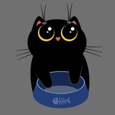 a black cat sitting on top of a bowl with a fish in it's mouth