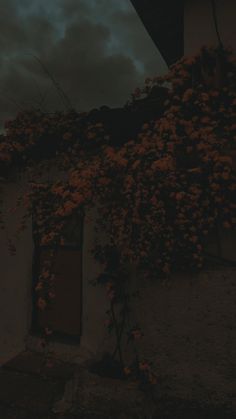 an old building with vines growing on it's side and the sky in the background