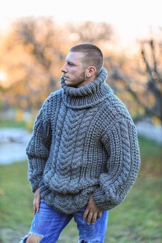 "Wool Cable Knit Sweater, Man Sweater, Winter Man Clothing SWEATER DETAILS - Made from 100% high quality wool - The model Ina is 170 cm tall (regular L) - The sweater on picture is size 4XL - As mostly all models in our shop the sweater is loose fit - Colour on photo - gray FIT - The sweater is of loose fit designed to have comfortably roomy fit and look. For those who want loose - roomy fit we suggest to choose the right size or even go size up (for very generous look). For those who want more Old Man Outfit, Cable Knit Sweater Outfit, Man Sweater, Knit Sweater Outfit, Pullovers Outfit, Baggy Sweaters, Sweater Ideas, Mens Pullover, Pullover Sweater Men