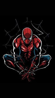 a spider man sitting on the ground with his legs crossed and hands in front of him