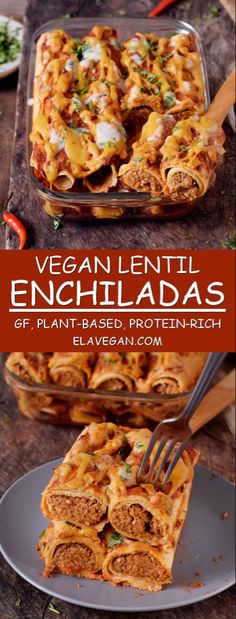 vegan lentil enchiladas in a casserole dish on a plate with a fork