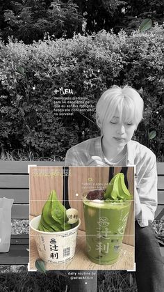 a boy sitting on a bench next to a green smoothie