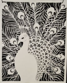 a black and white drawing of a peacock