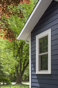 a house with blue siding and white trim on the windows, trees in the background