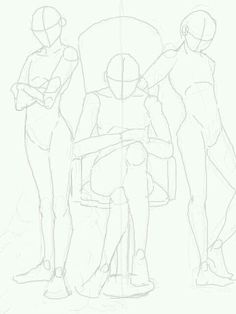 a drawing of three people standing in front of a chair with their arms around each other