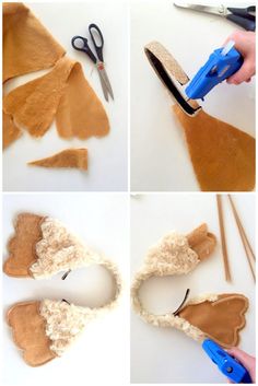 four pictures showing how to make felt hearts with scissors and fabric strips on the sides