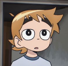 an animated image of a boy with blonde hair and big eyes looking at the camera