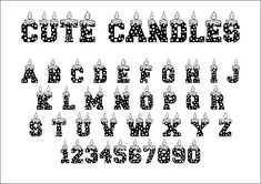 the letters and numbers are made up of dots with candles on them in black and white