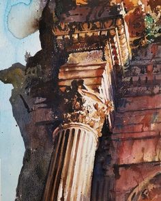 watercolor painting of an old building with columns