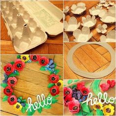 there are many different pictures of flowers and eggs in the process of making an egg carton wreath