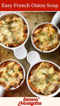 four white dishes filled with french onion soup on top of a baking sheet and the title overlay reads easy french onion soup