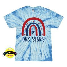 Tie Dye short Sleeve tee with Rainbow DRE Stars design Customizable Blue T-shirt For School Spirit, Different Stars, Stars Designs, Monogram Box, Lacrosse Boys, High School Cheer, Aries Gifts, School Spirit Wear, Lacrosse Girls