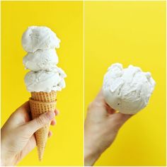 a hand holding an ice cream cone with three scoops in it on a yellow background