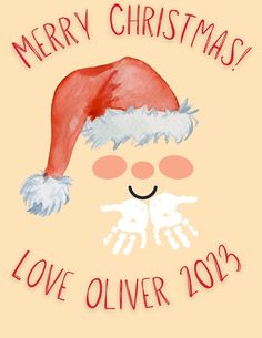 a christmas card with a santa hat and handprinted text that reads merry christmas love over 2009