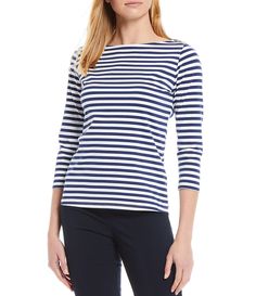 From J.McLaughlin&#x2C; this tee features:Boatneck3/4 sleevesStripe pattern Three buttons at shoulderStraight hemlinePullover constructionApprox. 23.5" lengthNylon/spandexHand wash cold/flat dryImported. Casual Striped Jersey, Casual Fitted Crew Neck Jersey, Casual Jersey Tops, Casual Navy Jersey Top, Classic Fitted Navy Tops, Casual Long Sleeve Jersey Top, Fitted Casual Jersey Top, Casual Fitted Jersey Top, J Mclaughlin