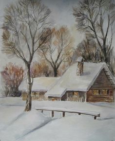 a painting of a house in the winter with snow on the ground and trees around it