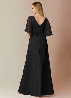 Black Azazie Cierra Bridesmaid Dresses | Azazie Black V-neck Bridesmaid Dress, V-neck Bridesmaid Dresses With Tie Waist, Black Flowy Dress For Bridesmaid, Flowy Black Dress For Bridesmaids, Flowy Black Chiffon Dress For Wedding, Formal Black Floor-length Bridesmaid Dress, Short Red Prom Dresses, Stylish Prom Dress, Cheap Prom Dresses Long