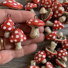 small red and white mushrooms are being held in someone's hand with tiny charms