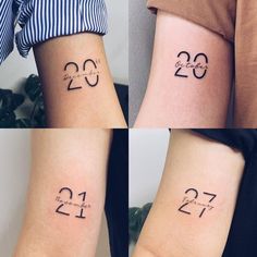 three different tattoos with numbers on each side of the arm and one has an arrow